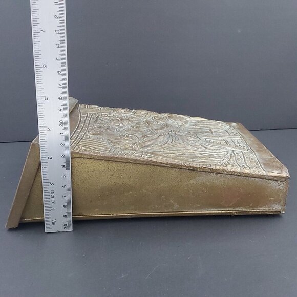 Brass Mailbox Repousse Embossed Homestead Pilgrims Preparing Food England Made - Picture 7 of 14